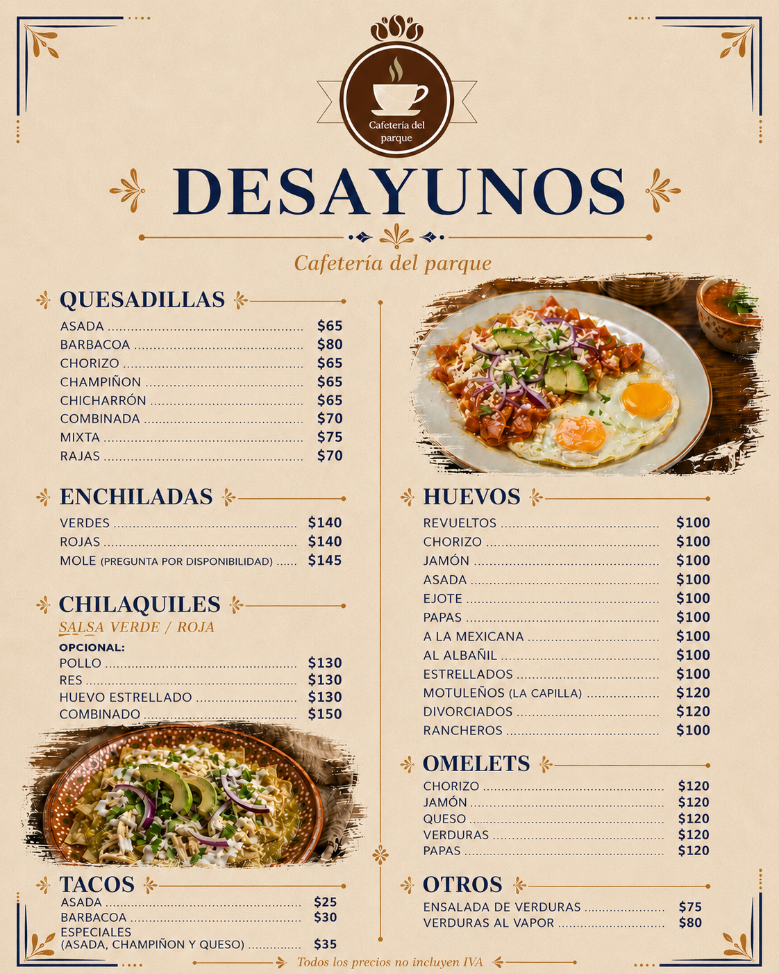 Menú de bebidas frías de la Cafetería del Parque