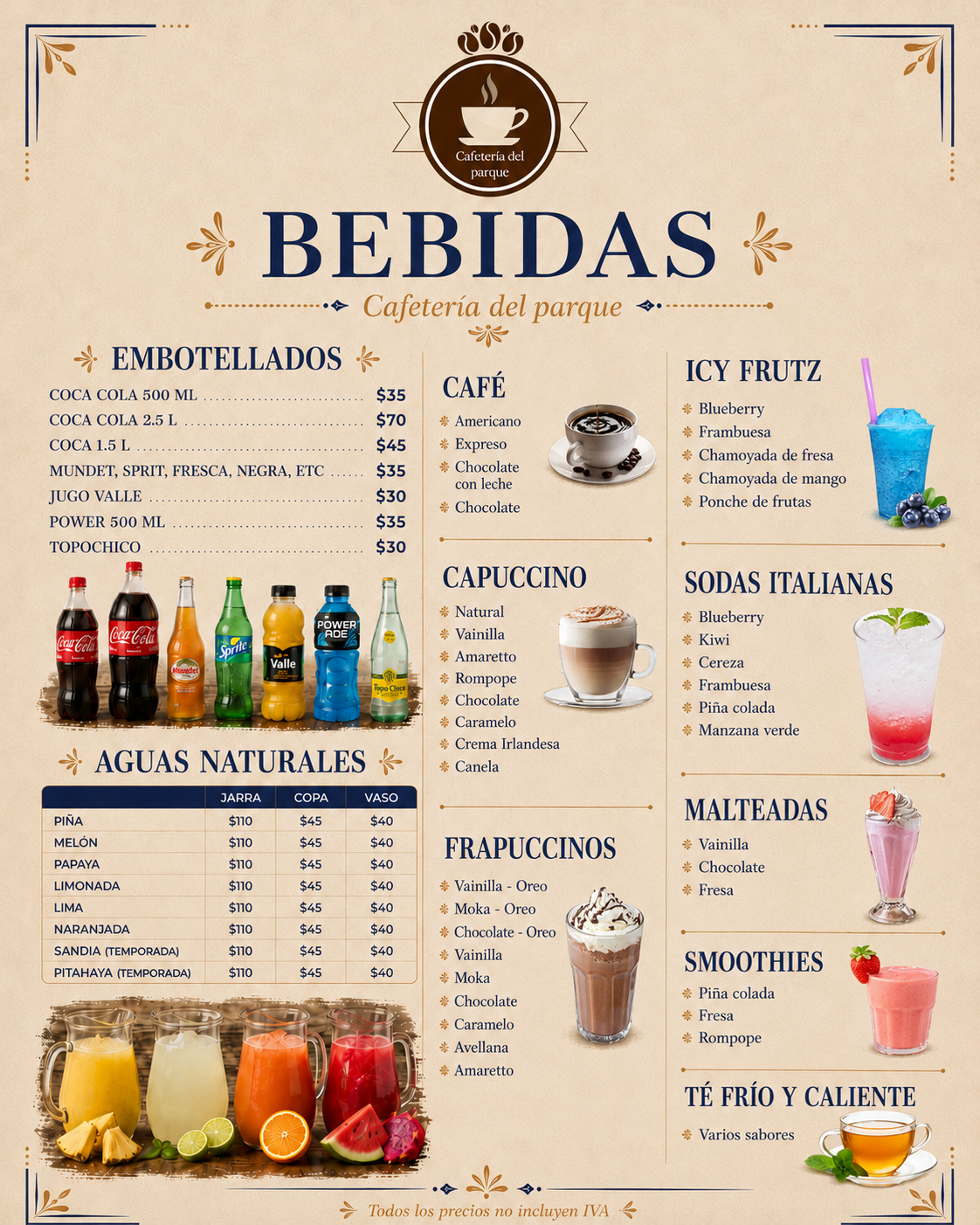 Menú de sodas italianas y otras bebidas